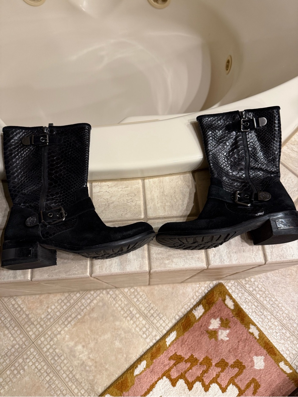 Vince Camuto Verona Snake Embossed Black Suede Leather Moto/Combat Type Boots